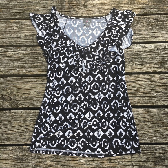 Dots | Black & White Ruffled Cap Sleeve Blouse - Picture 1 of 7